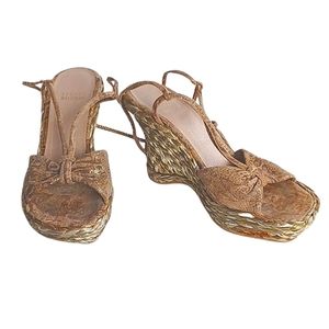 Stuart Weitzman Metallic Gold Espardrille Ankle Wrap Wedges- Sz. 7